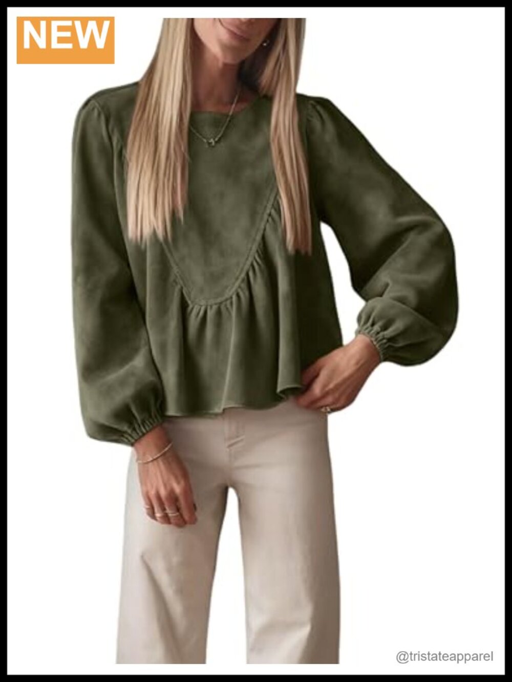 Faux Suede Babydoll Top Lantern Sleeve Ruffle Blouse Women Casual